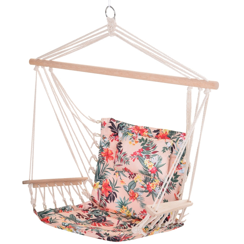Outsunny bright floral hanging hammock chair with safe rope frame and pillow top, measuring 100x106cm.