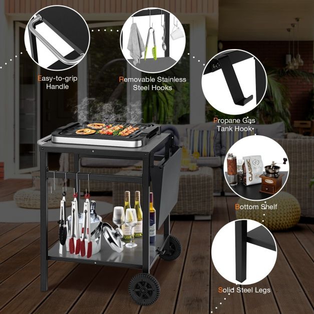 Double-Shelf Dining Cart with Folding Tabletop and 4 Extra Hooks