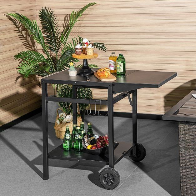 Double-Shelf Dining Cart with Folding Tabletop and 4 Extra Hooks