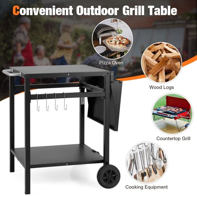 Double-Shelf Dining Cart with Folding Tabletop and 4 Extra Hooks