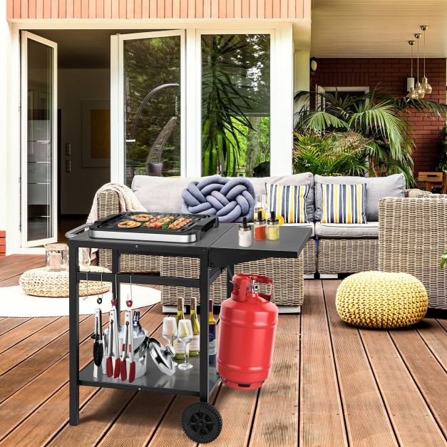 Double-Shelf Dining Cart with Folding Tabletop and 4 Extra Hooks