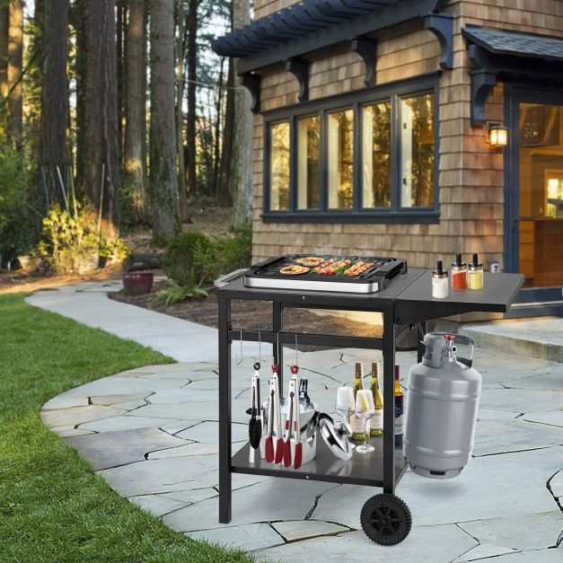 Double-Shelf Dining Cart with Folding Tabletop and 4 Extra Hooks