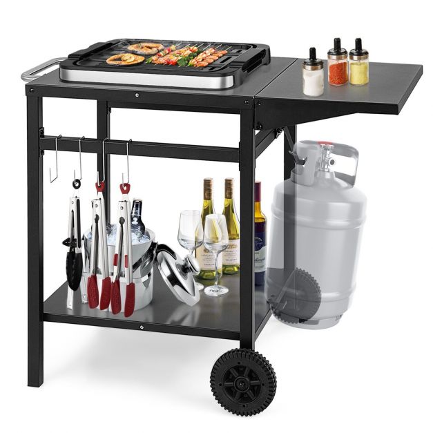 Double-Shelf Dining Cart with Folding Tabletop and 4 Extra Hooks