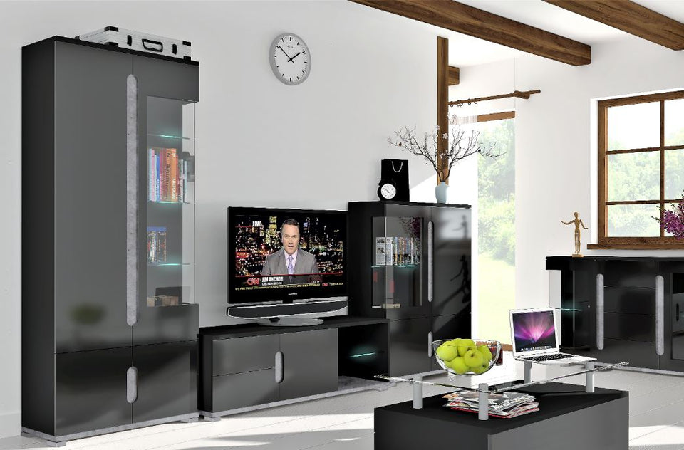 Tall Black Gloss Display Cabinet and Grey Glass Door