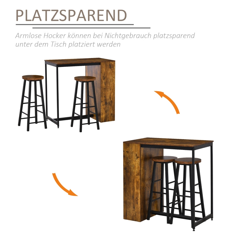 Industrial style HOMCOM bar table set with two stools and a storage shelf, showcasing a modern and functional design.