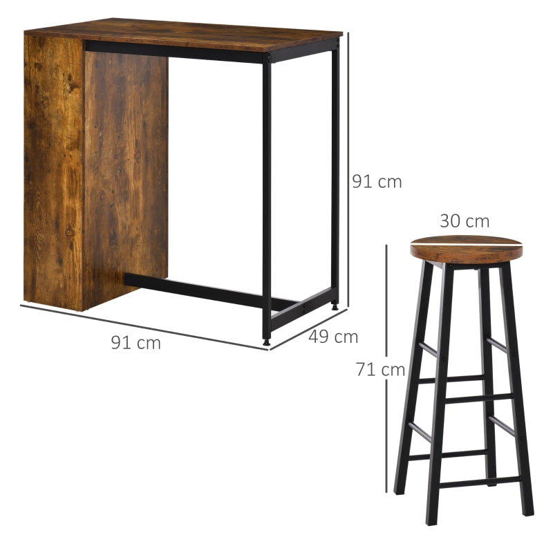 Industrial style HOMCOM bar table set with two stools and a storage shelf, showcasing a modern design in a cozy setting.
