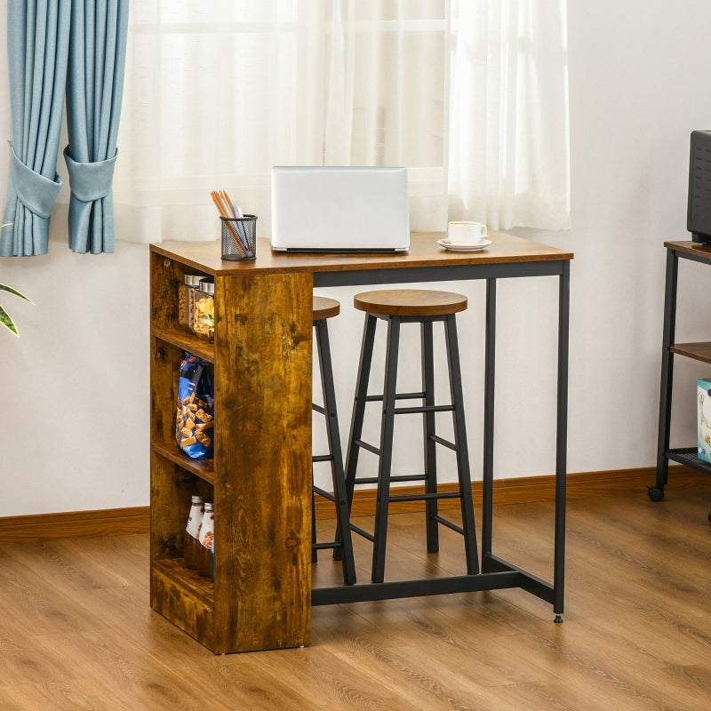 Industrial style HOMCOM bar table set featuring a table, two stools, and a storage shelf in a modern setting.