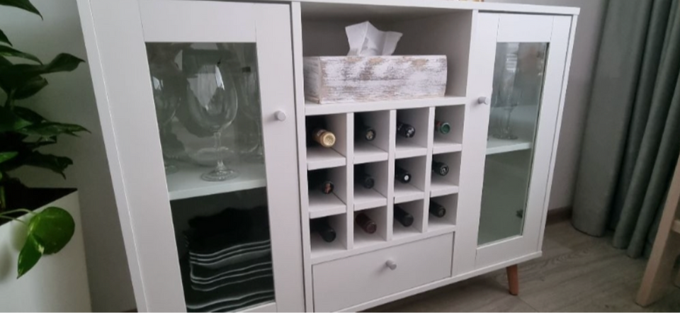 Modern Sideboard Cabinet Kitchen Cupboard with Glass Doors, Drawer & Wine Rack