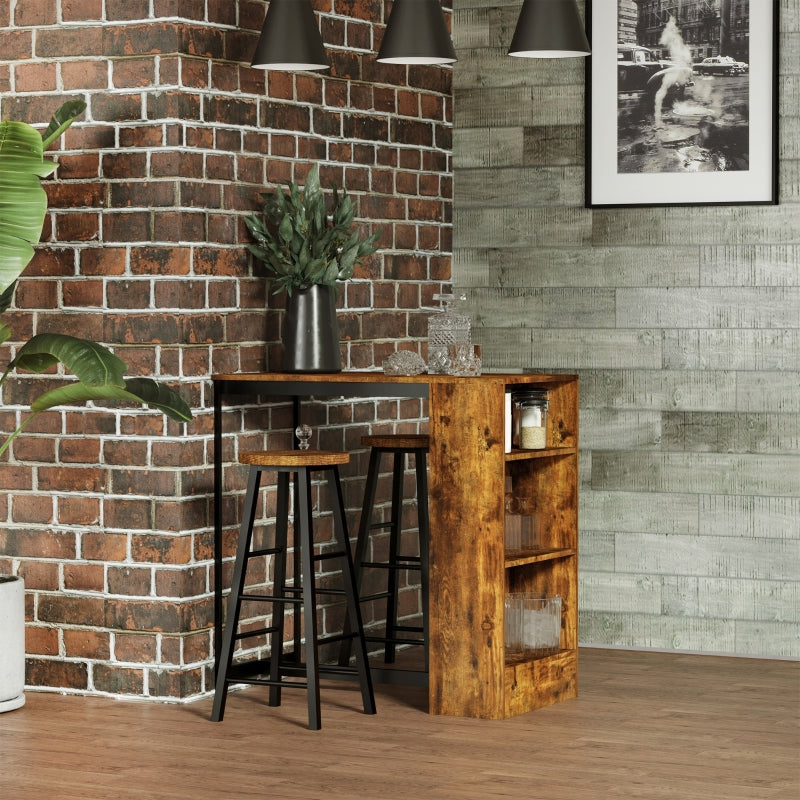 Industrial style HOMCOM bar table set featuring a table, two stools, and a storage shelf in a modern setting.