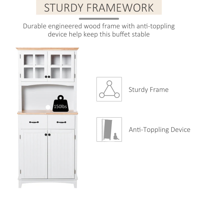 Freestanding Kitchen Storage Cabinet with Framed Glass Doors, Drawers, Microwave Counter- White