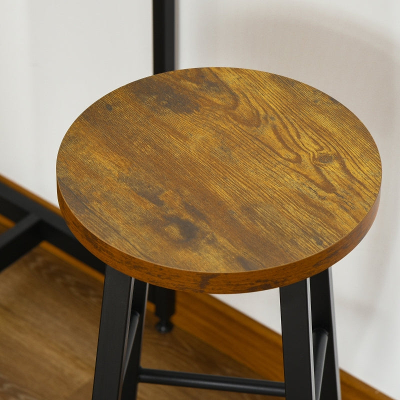 HOMCOM industrial bar table set with two stools and a storage shelf, showcasing a stylish design in a modern setting.