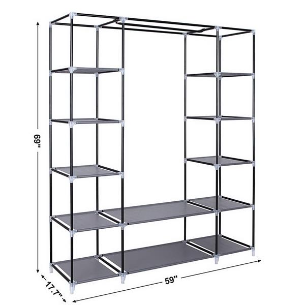 69" Portable Clothes Closet Wardrobe Storage Organizer with Non-Woven Fabric Grey