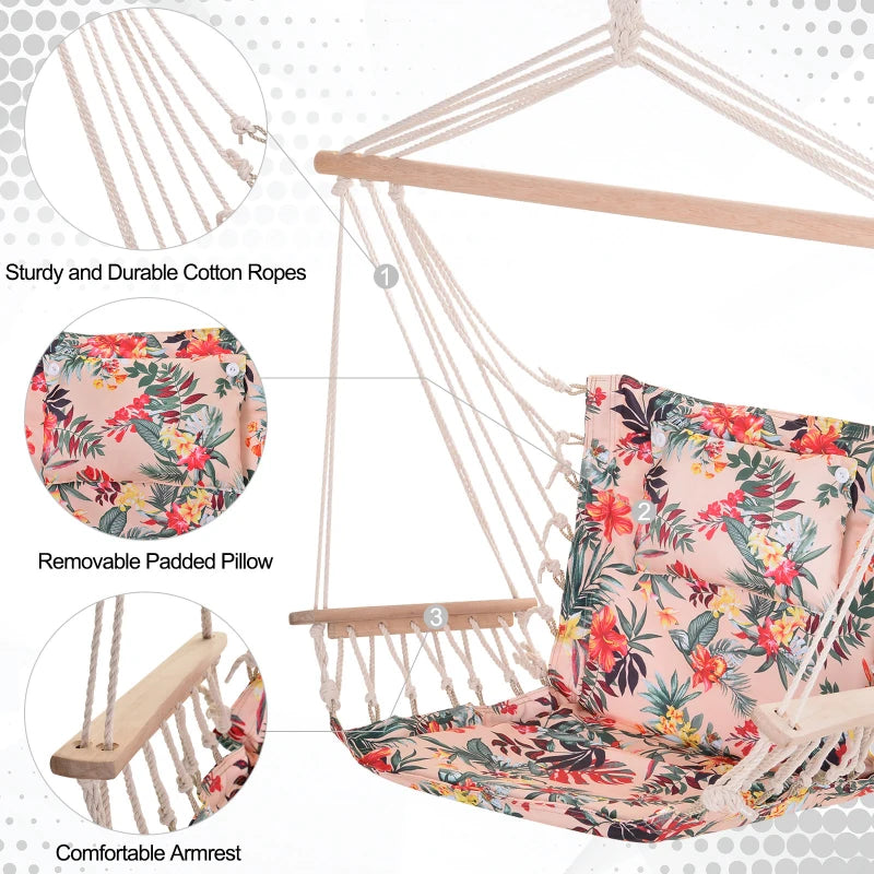 Outsunny hanging hammock chair with bright floral design, safe rope frame, and pillow top, measuring 100x106cm.
