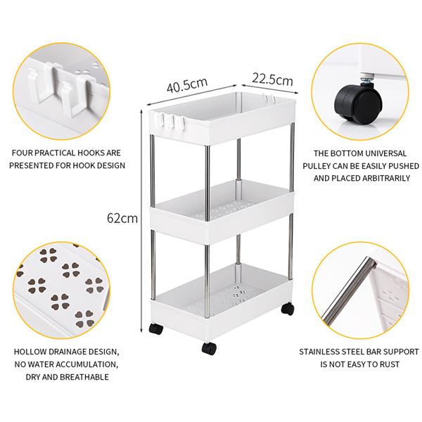 3-Layer Mobile Multi-functional Storage Cart,Suitable for Kitchen, Bathroom, Laundry Room Narrow Place, Plastic and Stainless Steel, White
