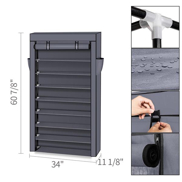 10 Tiers Shoe Rack with Dust proof Cover Closet Shoe Storage Cabinet Organizer Grey