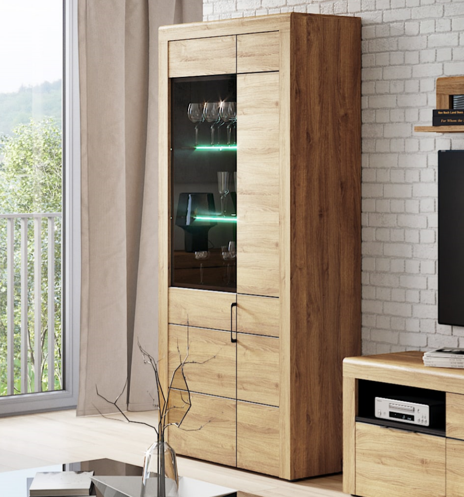 Large Oak Effect Display Cabinet with Black Background