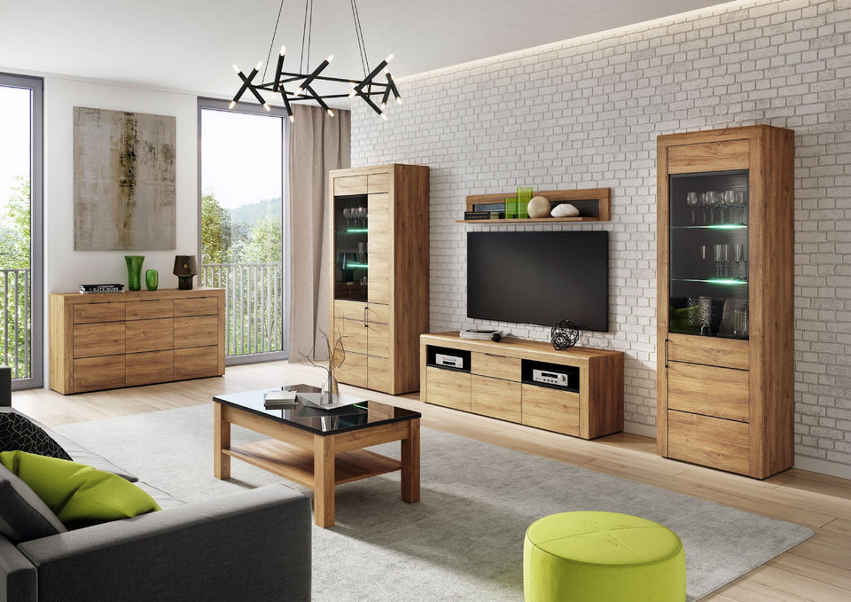 Large Oak Effect Display Cabinet with Black Background
