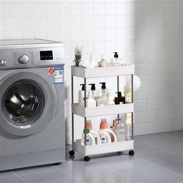 3-Layer Mobile Multi-functional Storage Cart,Suitable for Kitchen, Bathroom, Laundry Room Narrow Place, Plastic and Stainless Steel, White
