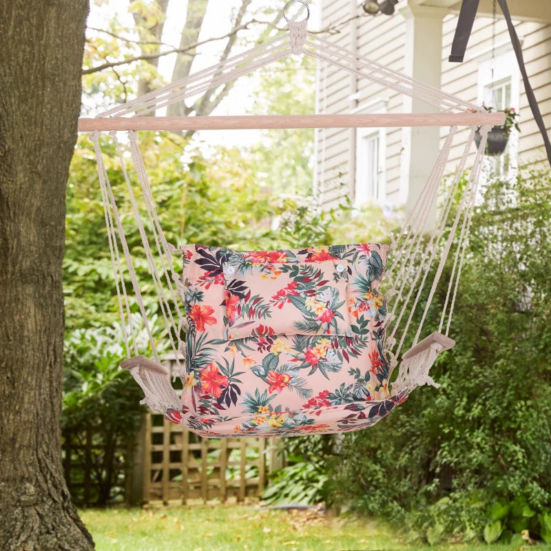 Outsunny bright floral hanging hammock chair with safe rope frame and pillow top, measuring 100x106cm.