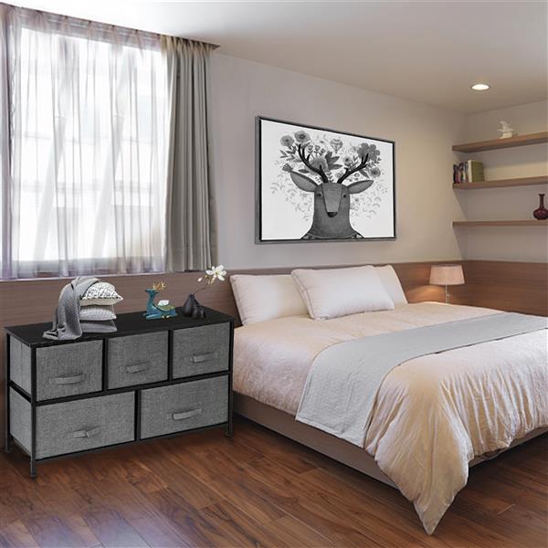 2-Tier Wide Closet Dresser, Nursery Dresser Tower with 5 Easy Pull Fabric Drawers and Metal Frame, Multi-Purpose Organizer Unit for Closets, Dorm Room, Living Room, Hallway, Grey