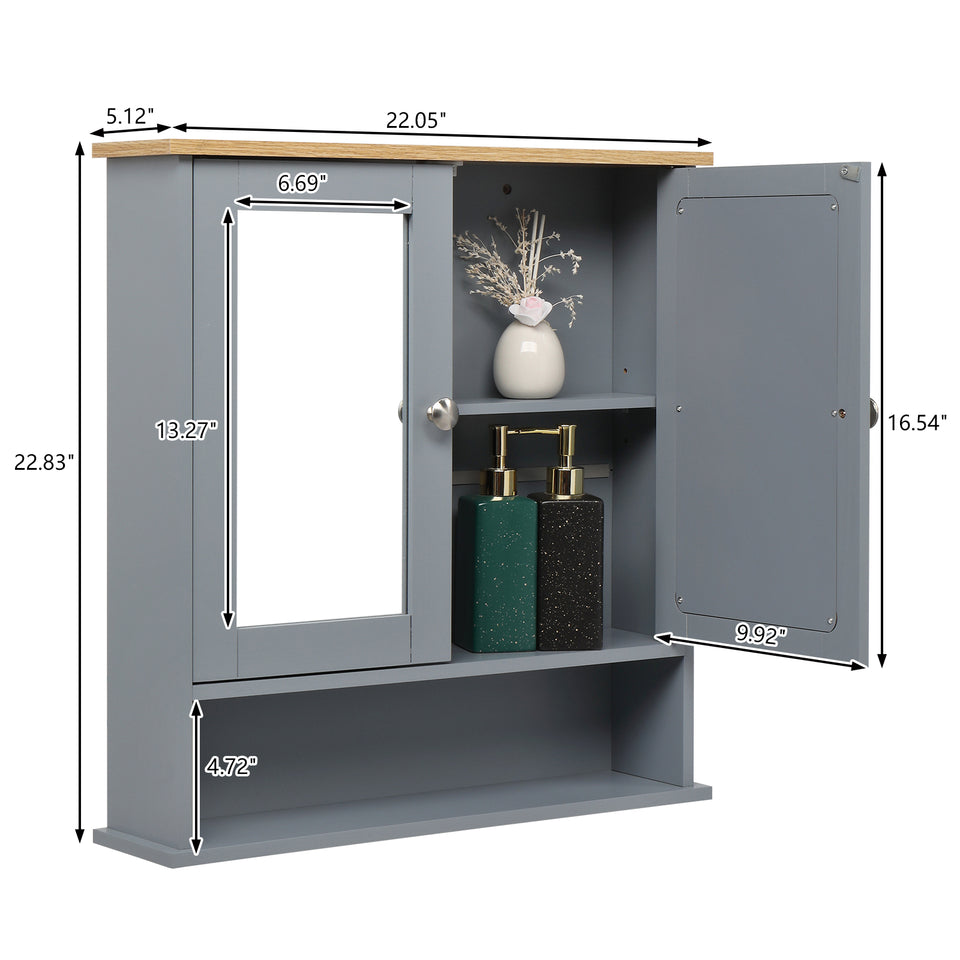2 Mirror Door 1 Storage Layer MDF Spray Paint Bathroom Wall Cabinet Grey