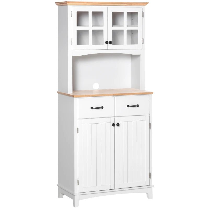 Freestanding Kitchen Storage Cabinet with Framed Glass Doors, Drawers, Microwave Counter- White