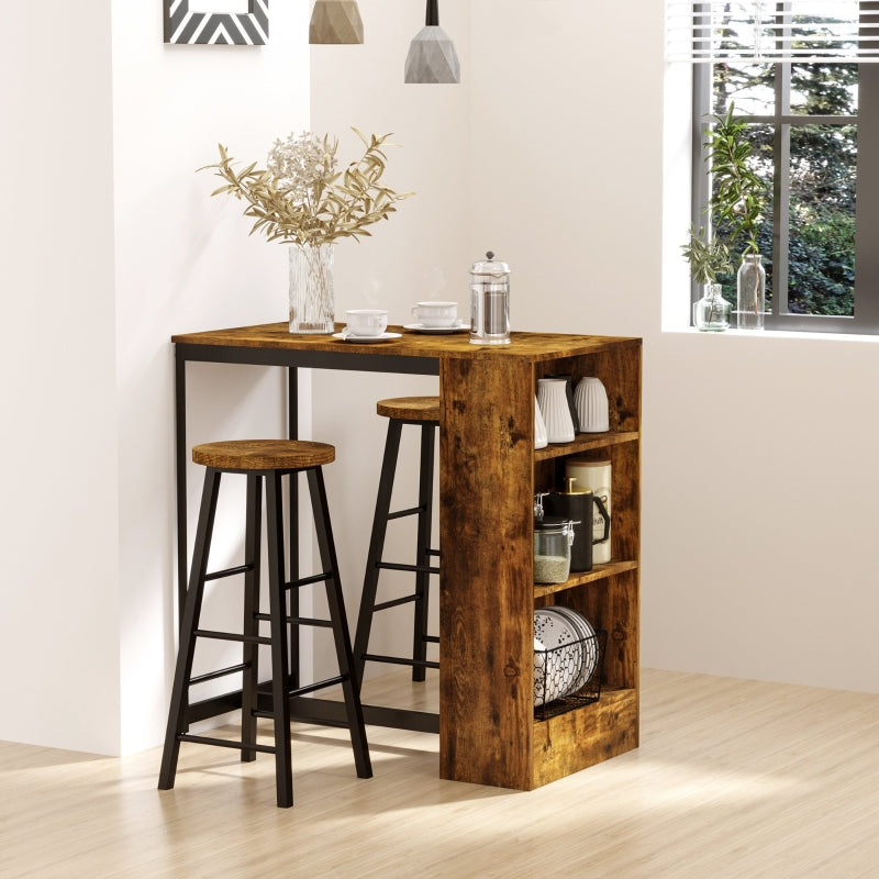 Industrial style HOMCOM bar table set with two stools and a storage shelf, showcasing a rustic design in a cozy setting.