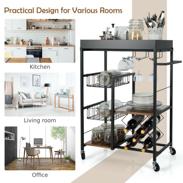 4-Tier Kitchen Serving Trolley with Wine Rack and Glass Holder - Lavish Kitchen Isle