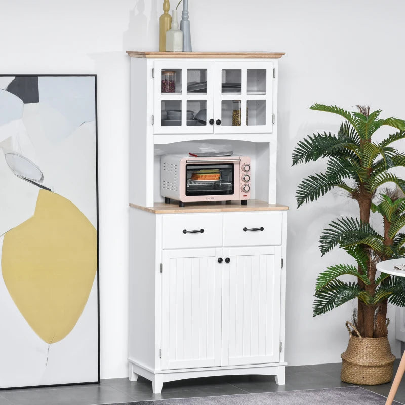 Freestanding Kitchen Storage Cabinet with Framed Glass Doors, Drawers, Microwave Counter- White