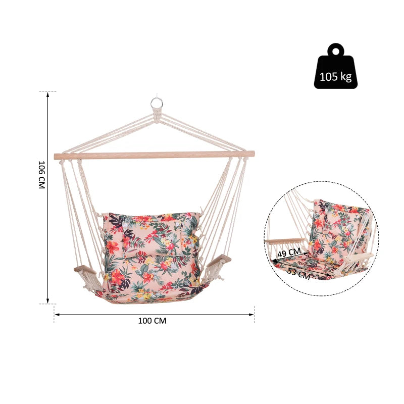 Outsunny hanging hammock chair with bright floral design, safe rope frame, and pillow top, measuring 100x106cm.
