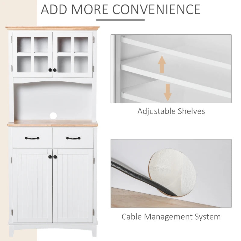 Freestanding Kitchen Storage Cabinet with Framed Glass Doors, Drawers, Microwave Counter- White