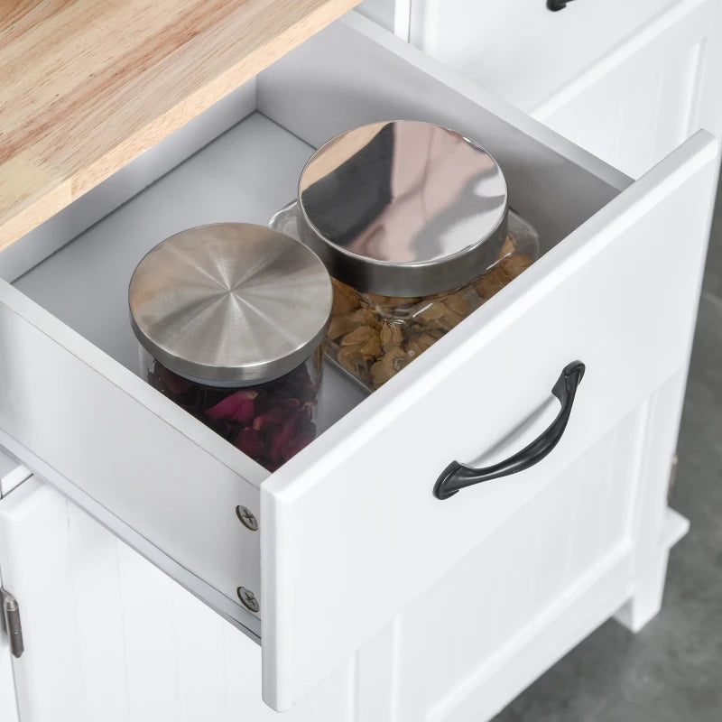 Freestanding Kitchen Storage Cabinet with Framed Glass Doors, Drawers, Microwave Counter- White