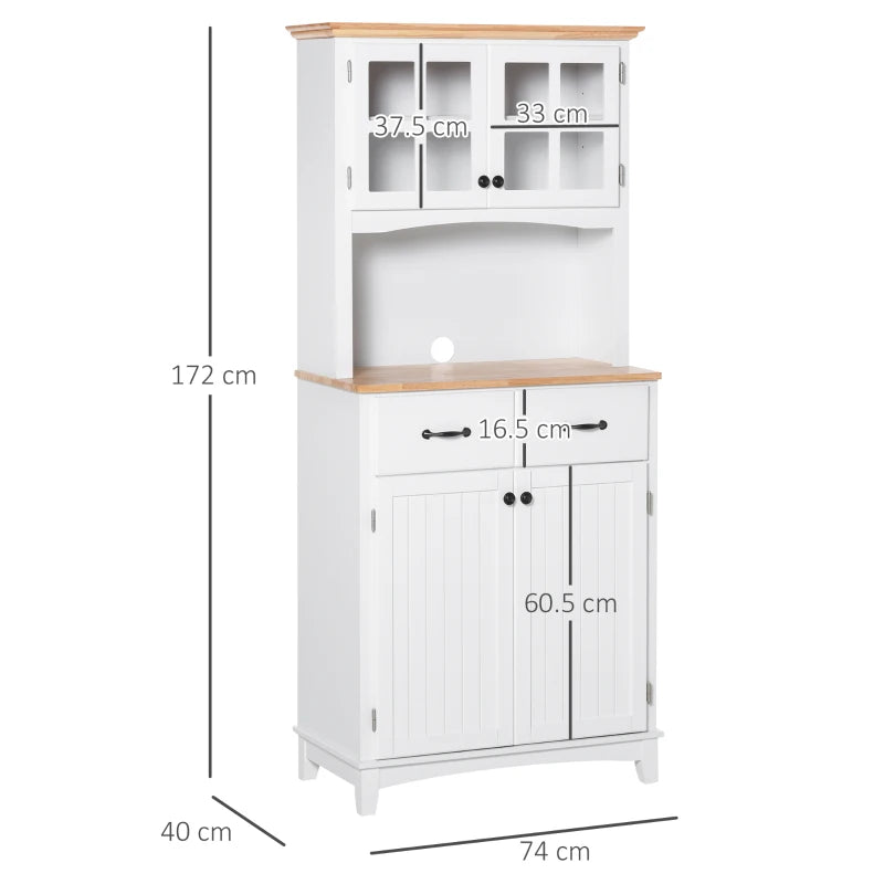 Freestanding Kitchen Storage Cabinet with Framed Glass Doors, Drawers, Microwave Counter- White