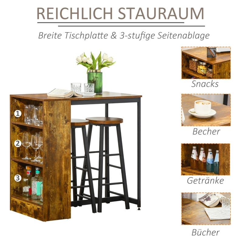Industrial-style HOMCOM bar table set with two stools and a storage shelf, showcasing a sleek design and sturdy construction.