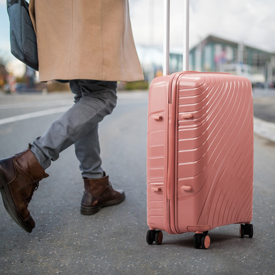4-Piece Luggage Set - Durable PP Suitcase with Travel Tote & Toiletry Kit (Rose Gold, Red, Grey)
