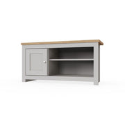 TV Stand Cabinet Unit – Modern TV Unit with 1 Door and Open Shelf in Light Grey with Cascading Oak Top