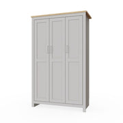 Light grey and oak effect 3-door wardrobe with hanging rail and shelving, part of Lavish Kitchen Isle bedroom storage range.