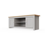 Modern light grey TV stand cabinet with two doors and storage space, ideal for contemporary living room furniture.