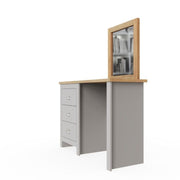Light grey dressing table with three drawers and cascading oak top, Lavish Kitchen Isle makeup vanity desk, stylish and functional.
