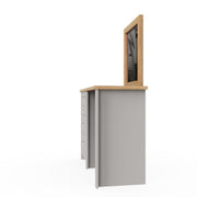 Light grey dressing table with three drawers and cascading oak top, makeup vanity desk by Lavish Kitchen Isle.
