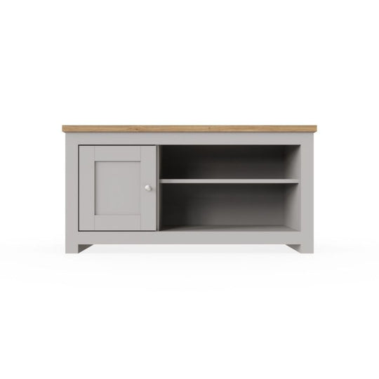 TV Stand Cabinet Unit – Modern TV Unit with 1 Door and Open Shelf in Light Grey with Cascading Oak Top