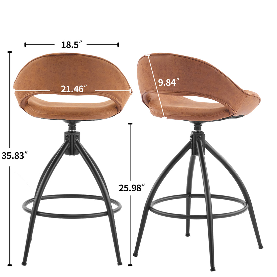 Swivel Bar Stools Set of 2 Brown PU Leather 360° Counter Height Chairs Mid Century Kitchen Dining Room Furniture