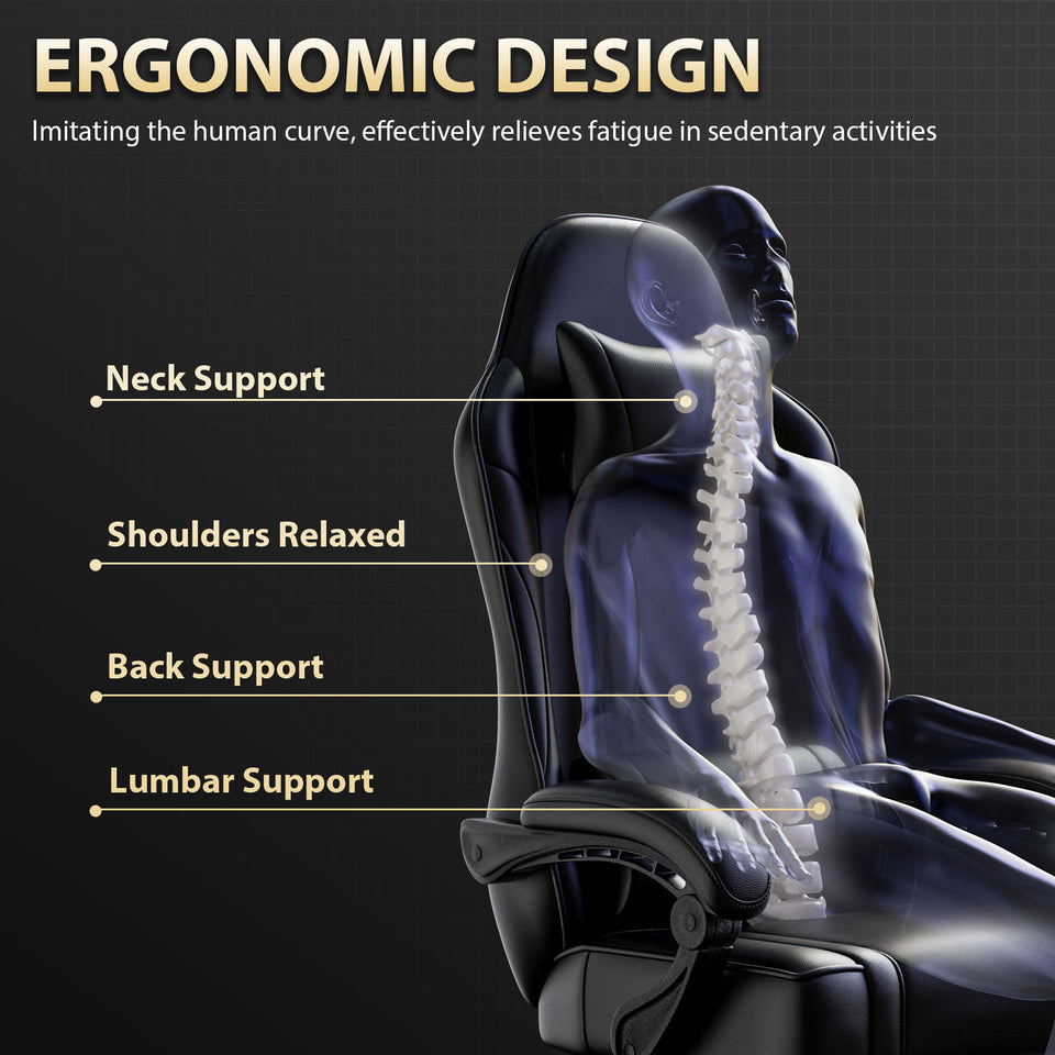 Ergonomic Gaming Chair with Footrest - Black Faux Leather Reclining PC Desk Chair