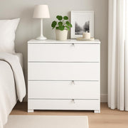 Lavish Kitchen Isle Arctic Elegance white high gloss narrow chest of drawers with 4 storage drawers for bedroom organization.