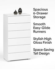 Modern white high gloss tall chest of drawers with 6 spacious drawers, sleek design, and bedroom storage from Lavish Kitchen Isle.