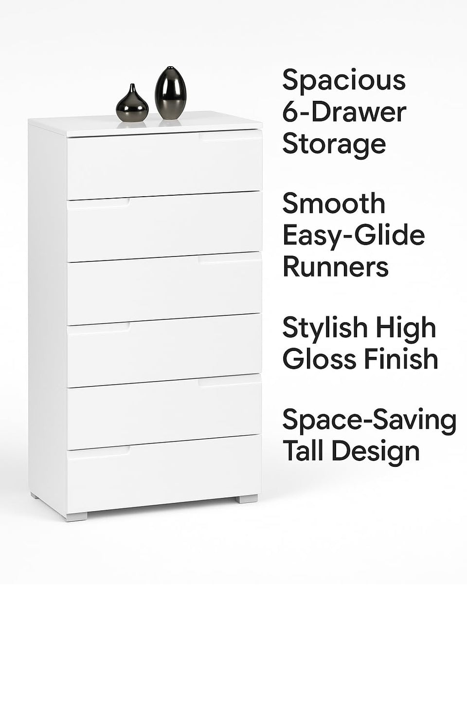 Arctic Elegance 6 Drawers Modern White High Gloss Tall Chest of Drawers 65cm Wide Bedroom Storage Unit