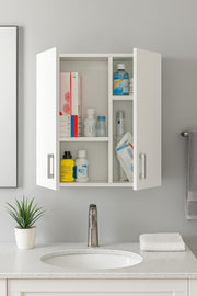 White wall-mounted storage cupboard by Lavish Kitchen Isle, 59cm wide, multi-purpose kitchen or bathroom wall cabinet.