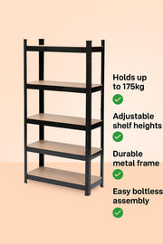 Black metal garage shelving unit with five tiers, 180cm high, boltless design for durable storage in a workshop or garage.