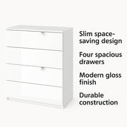 Lavish Kitchen Isle Arctic Elegance White High Gloss Narrow Chest of Drawers with 4 storage drawers for bedroom organization