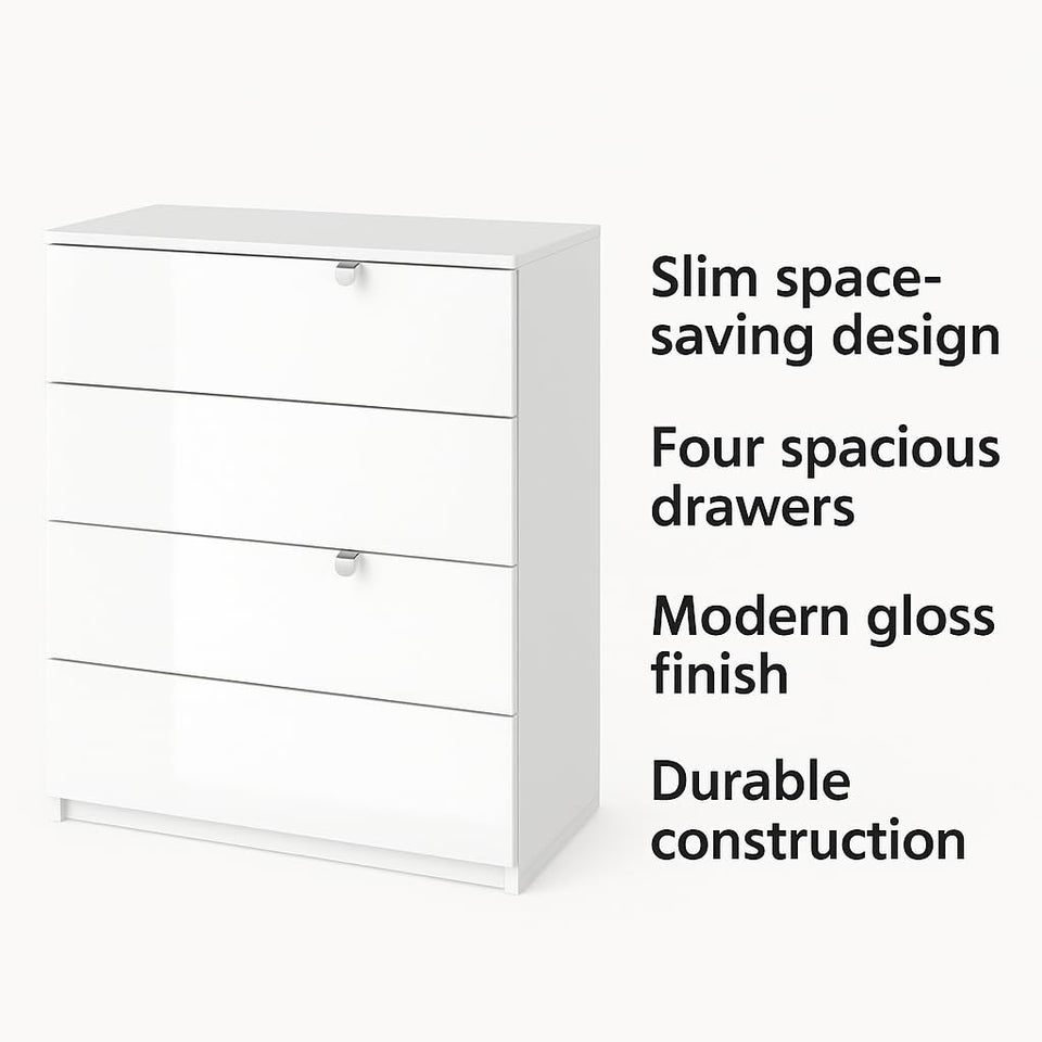 Arctic Elegance White High Gloss Narrow Chest of Drawers Sleek Bedside Cabinet with 4 Drawers for Bedroom Storage